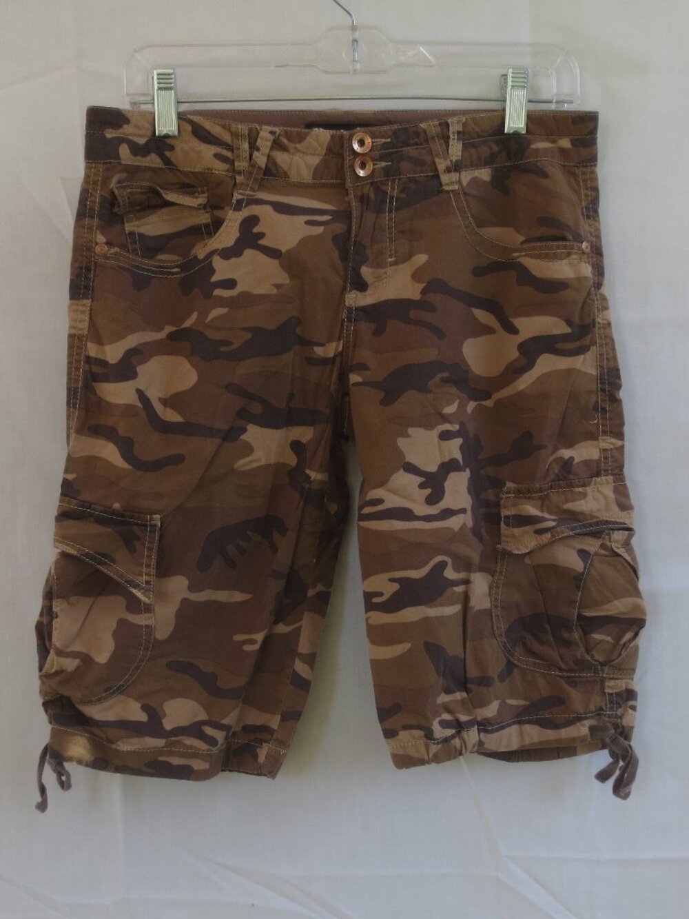Y2K Rewind Shorts Brown Tan Camo Stretch Cotton Reg Rise Grunge Cargo Size 9 Jr